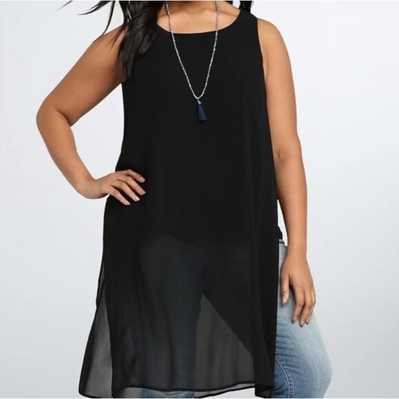 NWT Torrid Tunic Top Women 1X Black Sleeveless Chiffon Long Split Sheer Flowy - Picture 1 of 14